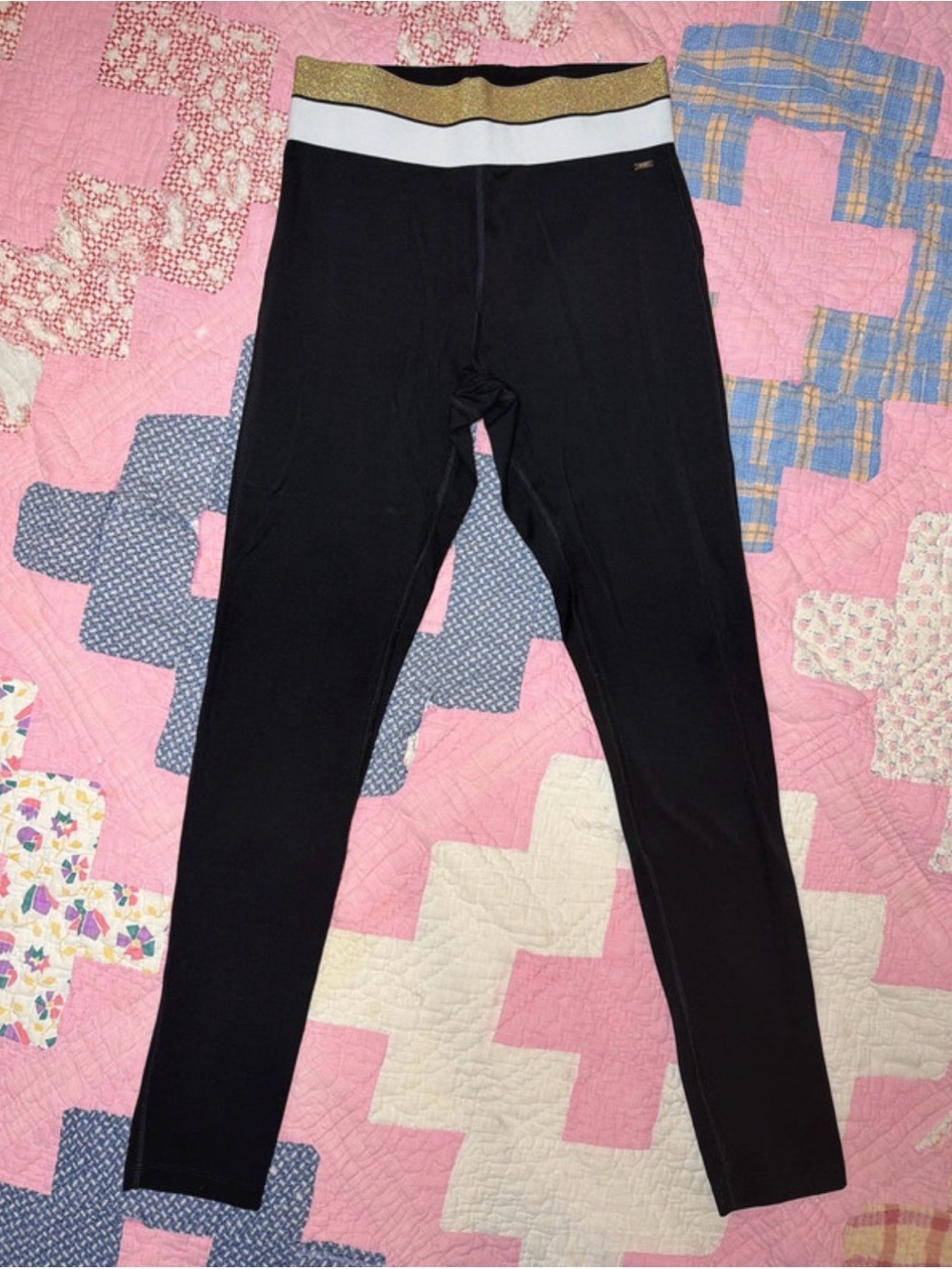 Women’s VS PINK Black Performance Stretch Pants with Gold-Trim Waistband